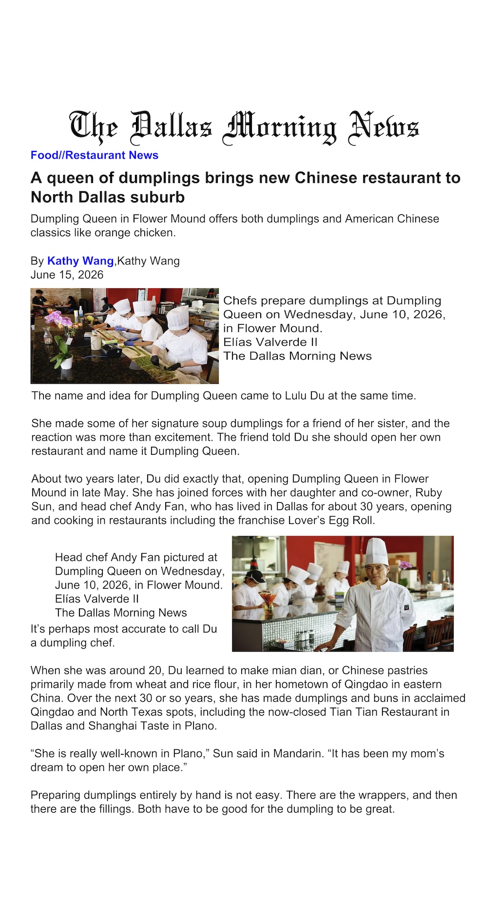 Dumpling Queen featured in The Dallas Morning News, page 1